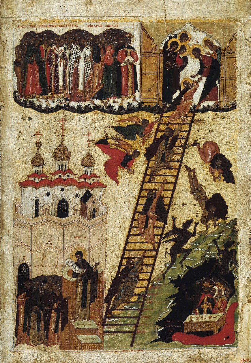 „Drabina Raju św. Jana Klimaka” (Święta Drabina św. Jana Synatyka) Przedstawia mnichów wchodzących na szczyt drabiny i wpadających do piekła – ikona rosyjska z początku XVI w. Państwowe Muzeum Rosyjskie, święty Pet autorstwa School Russian