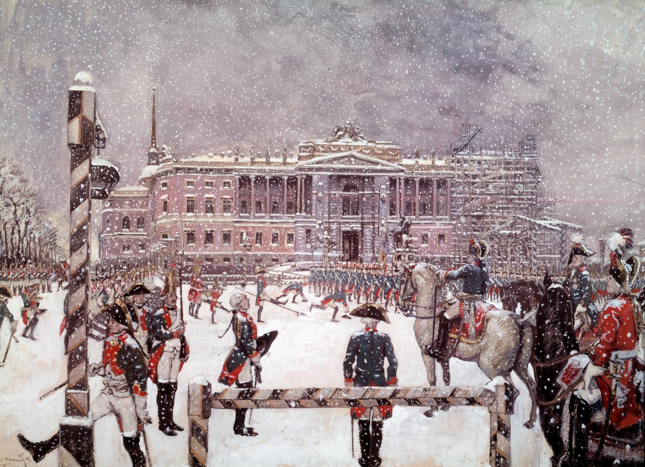 Parada wojskowa przed Pałacem Michajłowskim w obecności Pawła I (1754-1801), cesarza Rosji. Szkoła rosyjska autorstwa School Russian