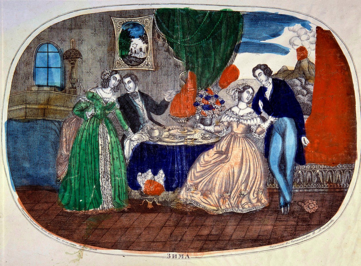 Mondanite: scena posiłków i uwodzenia między dwiema parami. Rosja. Grawer około 1850 r. Kolekcja prywatna autorstwa School Russian