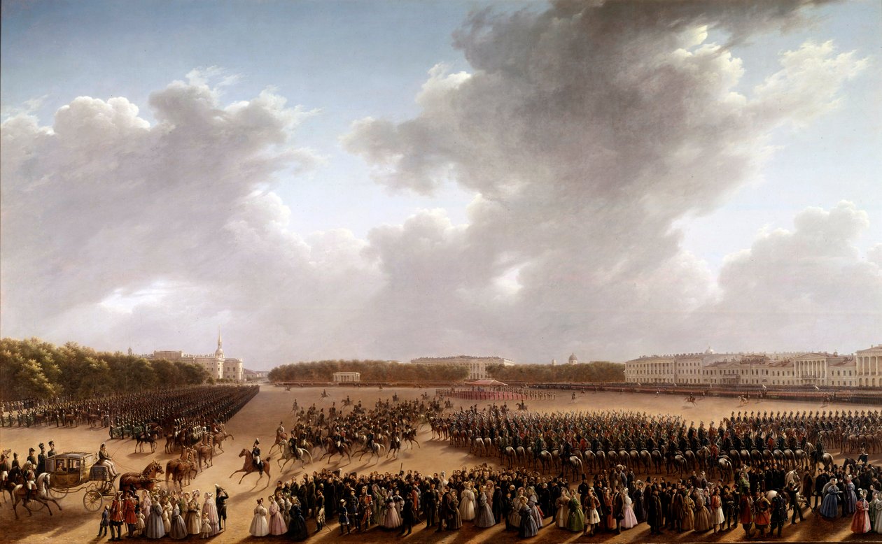 Parada na Polach Marsowych, na pierwszym planie Aleksander Puszkin (Puszkin) (1799-1837) i Mikołaj I (1796-1855) na koniu jadący dorożką przed imperatorem w Paryżu Malarstwo Szkoły Rosyjskiej. 1825-1830. Sankt Petersburg, Muzeum autorstwa School Russian