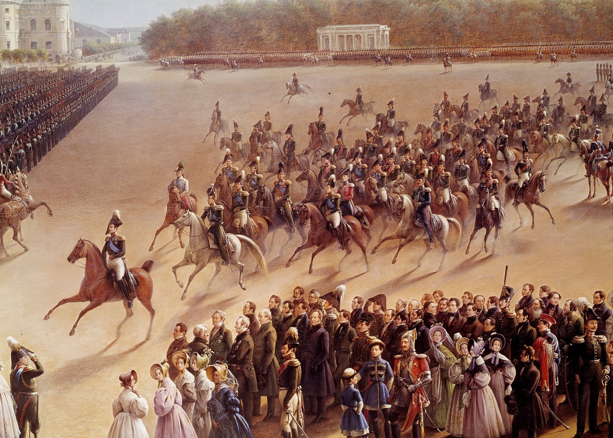 Parada na Polach Marsowych, na pierwszym planie Aleksandr Puszkin (Puszkin) (1799-1837) i Mikołaj I (1796-1855) na koniu jadący dorożką przed cesarza w Paryżu Szczegół. Malarstwo Szkoły Rosyjskiej. 1825-1830. Sankt Petersburg, M autorstwa School Russian