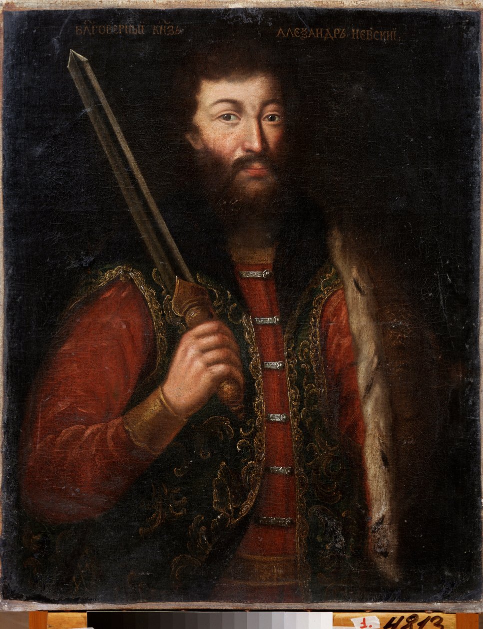 Portret Aleksandra Newskiego, księcia nowogrodzkiego, wielkiego księcia Włodzimierza (1220-1263). Obraz mistrza rosyjskiego, olej na płótnie, po 1724 r. Sztuka rosyjska XVIII wieku. Regionalna Galeria Sztuki, Czelabińsk (Rosja). autorstwa School Russian