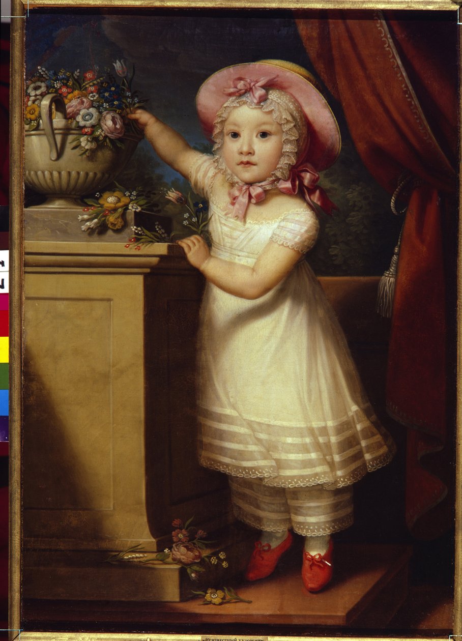 Portret Ekateriny Dmitrievny Obreskovej (1822-1874). (Portret Ekateriny Dmitrievny Obreskovej). Mała dziewczynka, elegancka i drogocenna, staje na palcach, by pozbierać kwiaty z bukietu. Malarstwo anonimowe, olej na płótnie, v autorstwa School Russian