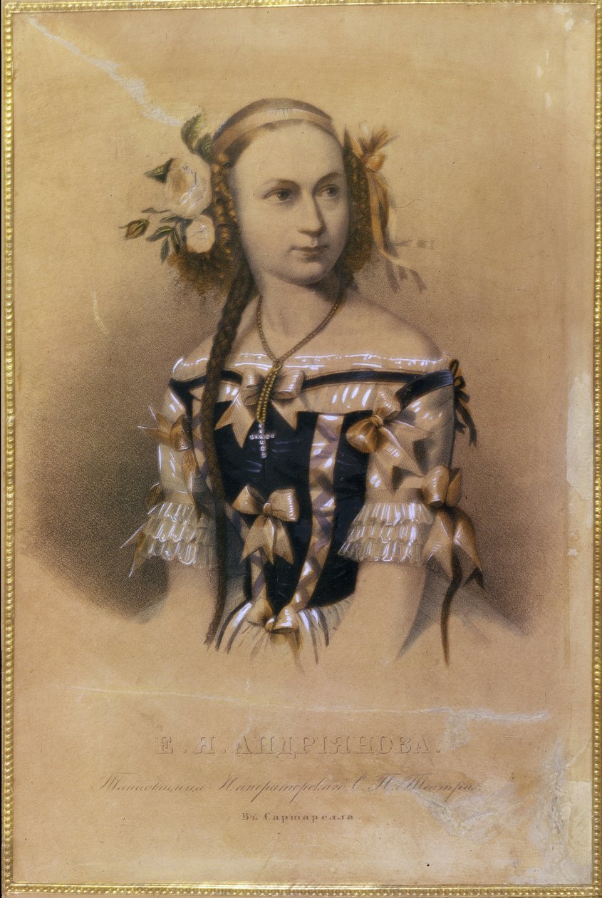 Portret rosyjskiej baletnicy Eleny Andreyanova (Andrianova) (1819-1857). (Tancerka baletowa Elena Andreyanova). Litografia kolorowa autorstwa rosyjskiego artysty autorstwa School Russian