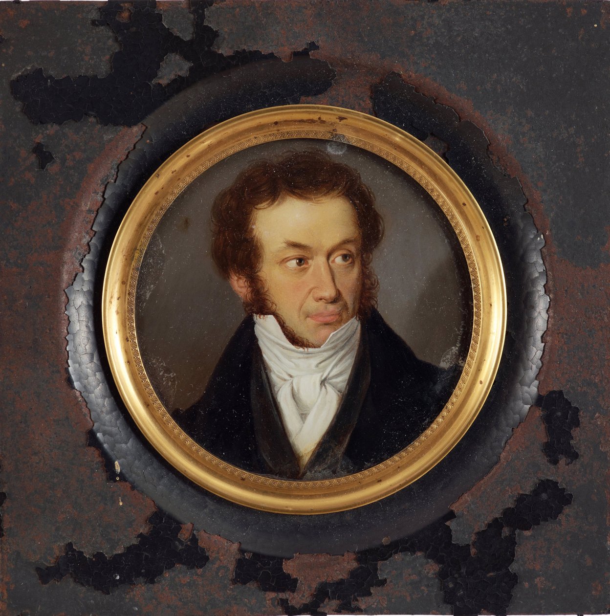Portret pisarza Aleksandra Puszkina (1799-1837) - Praca anonimowa, gwasz na pergaminie (8,5x9 cm), ok. 1830 - Portret autora Aleksandra Puszkina, Gwasz na pergaminie, anonimowy autorstwa School Russian
