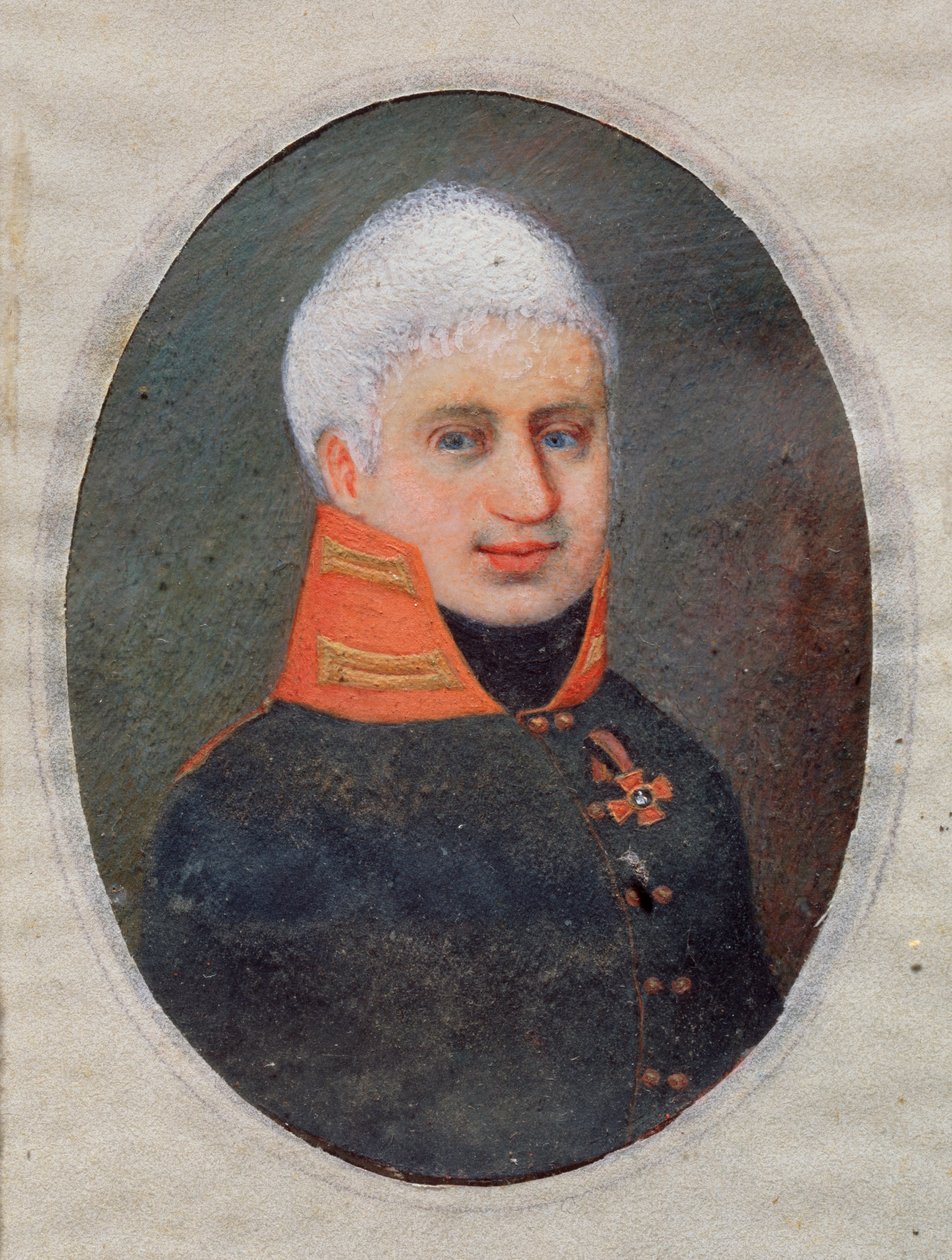 Portret poety Antona A. Delviga (Delwig) (1798-1831). (w mundurze wojskowym). Dzieło rosyjskiego mistrza, akwarela i gwasz na rogu, ok. 1800 r. XIX-wieczna sztuka rosyjska. Państwowe Muzeum Sztuki, Tuła (Rosja). autorstwa School Russian