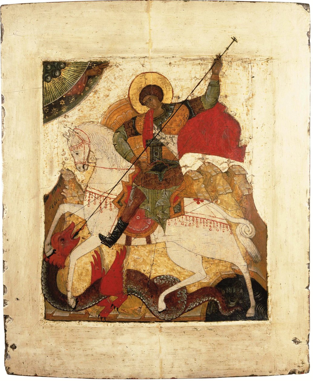 Święty Jerzy i smok - ikona rosyjska. Tempera na desce, początek XVI wieku. Wymiar : 31,5x26,5 cm Muzeum Ikonen Recklinghausen autorstwa School Russian