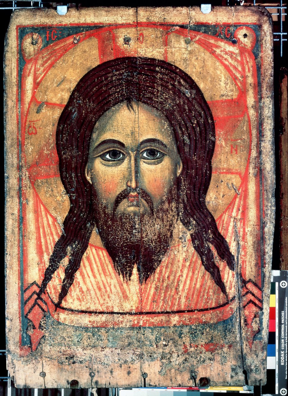 ""Święty Mandylion"" Reprezentacja twarzy Chrystusa wydrukowana na welonie (twarz święta). Ikona rosyjska. Malarstwo na drewnie z końca XIV wieku Państwowa Galeria Trietiakowska, Moskwa autorstwa School Russian