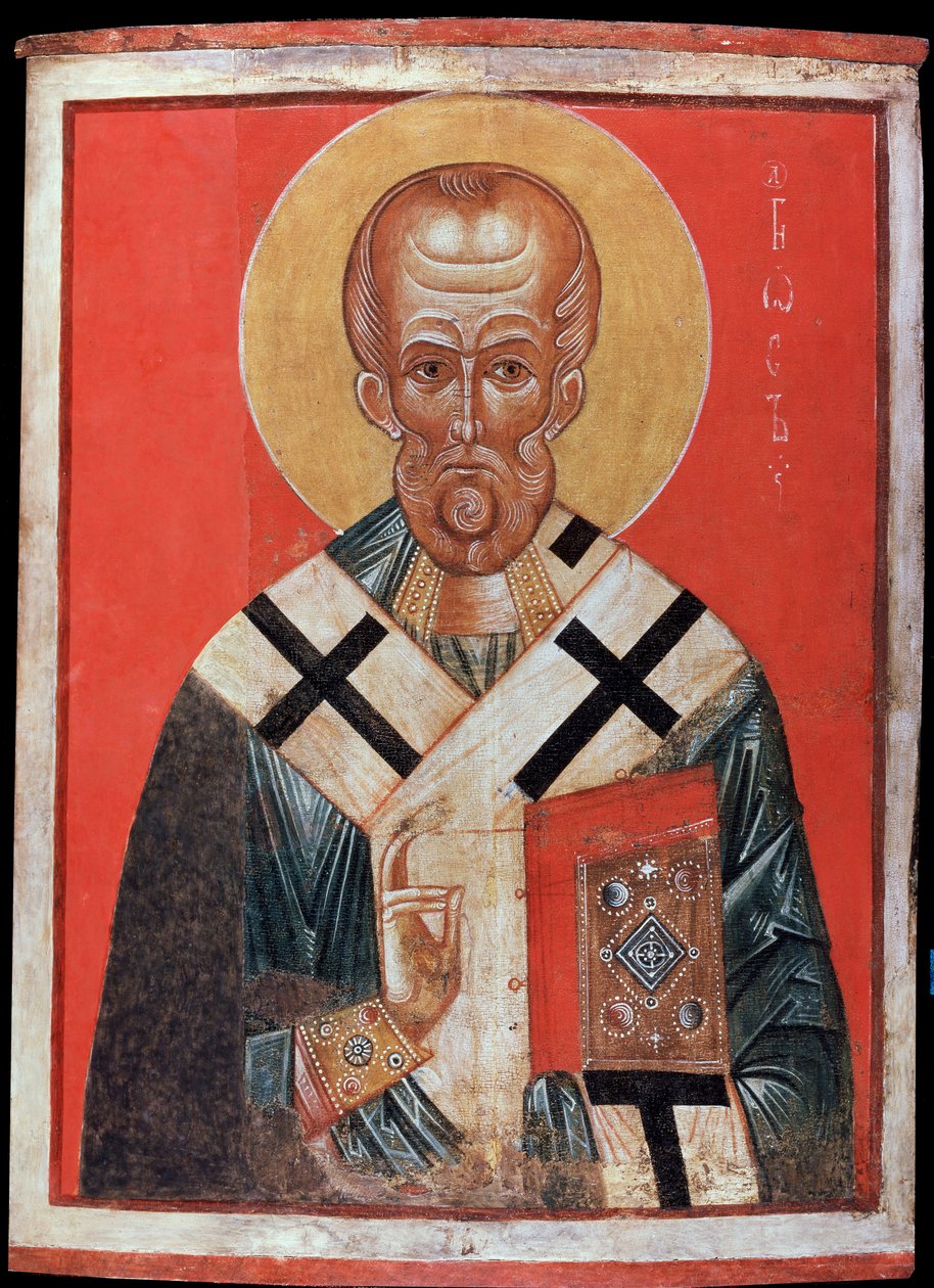 Święty Mikołaj (lub Święty Mikołaj de Myre lub Święty Mikołaj de Bari, 270-345) (św. Mikołaj). Ikona rosyjska, tempera na drewnie, koniec XIII i początek XIV wieku, sztuka z Nowogrodu (Rosja). Państwowej Ermitażu w Sankt Petersburgu. autorstwa School Russian