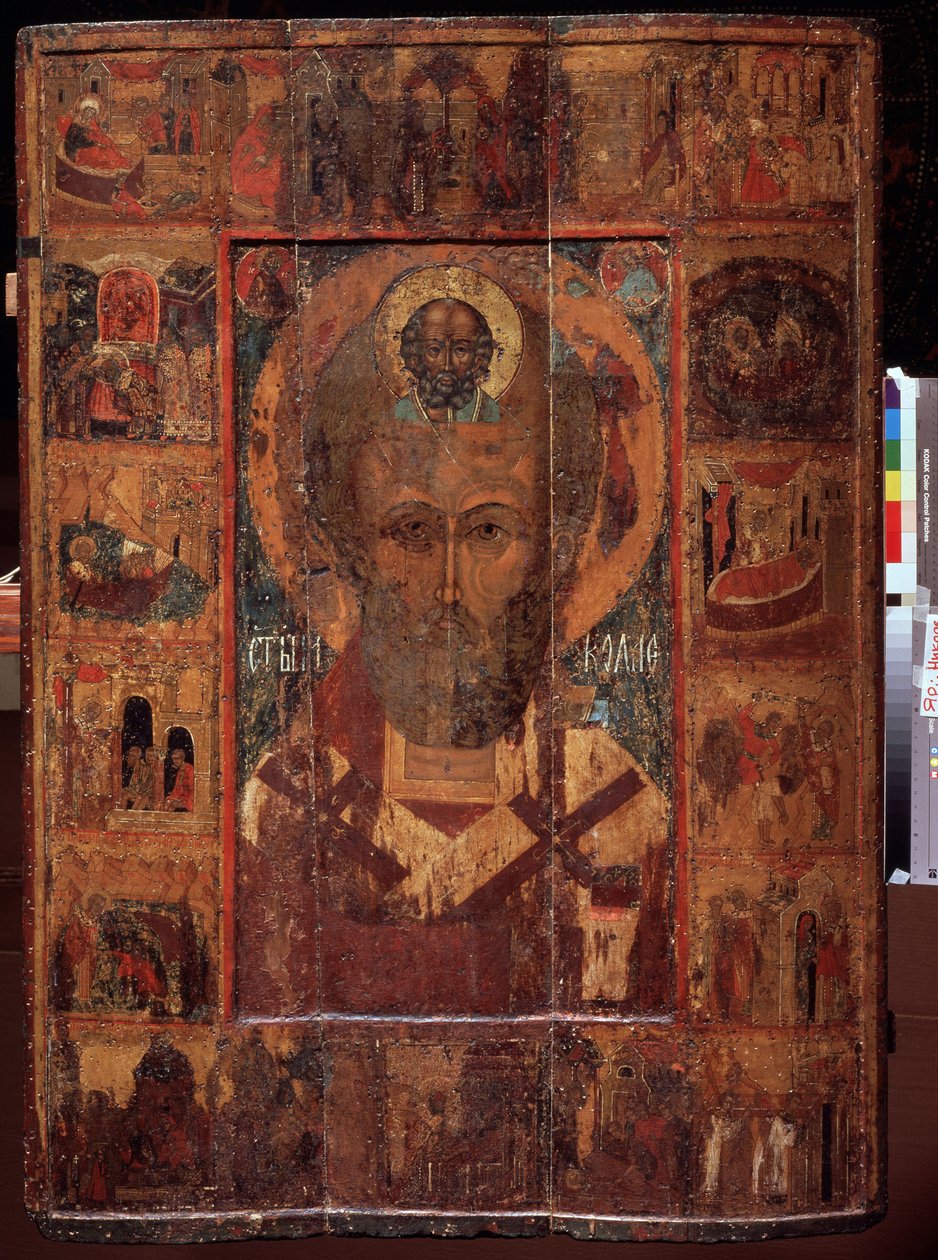 Święty Mikołaj z Myre ou de Bari, avec des scenes de sa vie (Święty Mikołaj ze scenami swojego życia). Ikona rosyjska, tempera na drewnie, początek XV w., sztuka antyczna z Jarosławia (Rosja). Państwowe Muzeum Sztuki, Jarosław (Rosja). autorstwa School Russian