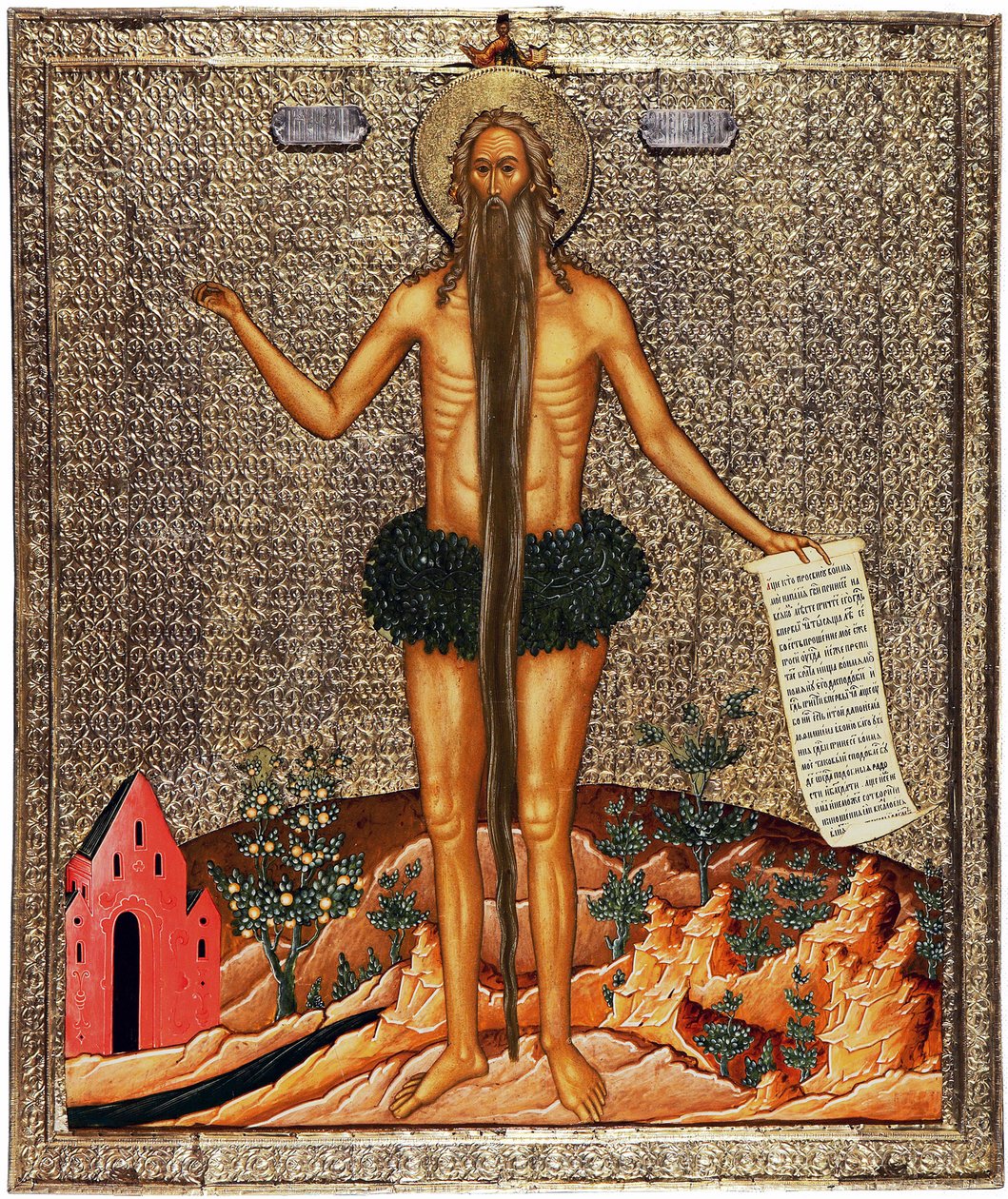 Święty Onufrego (św. Onufrego). Onuphre the pustelnik lub Wielki (IV wiek), mnich, a następnie pustelnik w Egipcie, tradycyjnie przedstawiany jest z długą brodą i gałęziami jako ubraniem. Praca anonimowa z Moskwy, tempera na drewnie, ok autorstwa School Russian
