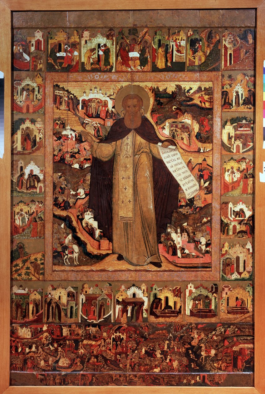 Św. Sergiusz z Radonege (1313-1392), ze scenami ze swojego życia (św. Sergiusz z Radoneża ze scenami ze swojego życia). Ikona rosyjska, tempera na drewnie, ok. 1640. Sztuka antyczna z Jarosławia (Rosja). Państwowe Muzeum Sztuki, Jarosław (Rosja). autorstwa School Russian