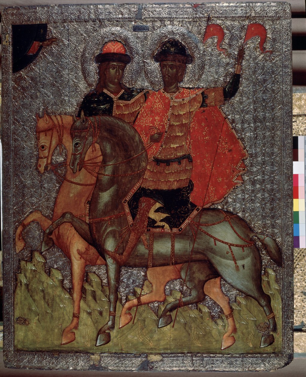 Święci Borys (lub Roman) i Gleb (lub Dawid) na koniu (męczennicy w 1015 r.) (Święci Borys i Gleb na koniu). Młodsi synowie świętego Włodzimierza, wielkiego księcia kijowskiego, zawsze wyróżniali się pobożnością, ale po śmierci ojca, najstarszego Swii autorstwa School Russian