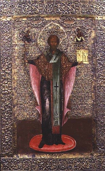 Św. Mikołaj z Możajska, ikona, ok. 1700 (tempera na desce z mosiężnym okladem) autorstwa School Russian