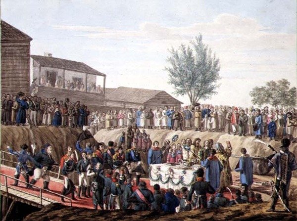 Wmurowanie pierwszego kamienia urzędu celnego w Mohiloff w 1820 roku (akwarela na papierze) autorstwa School Russian