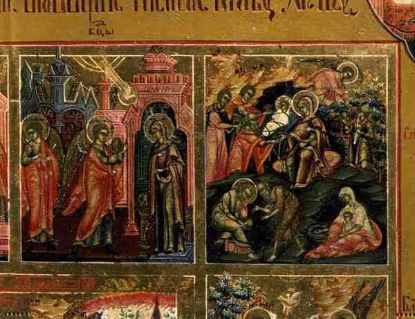 Zmartwychwstanie i zejście do piekła, fragment z Marginesu świąt przedstawiający Zwiastowanie i Narodzenia (tempera na panelu) autorstwa School Russian