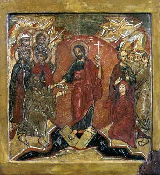 Zmartwychwstanie i zstąpienie do piekieł (Anastasis) (tempera na płycie) autorstwa School Russian