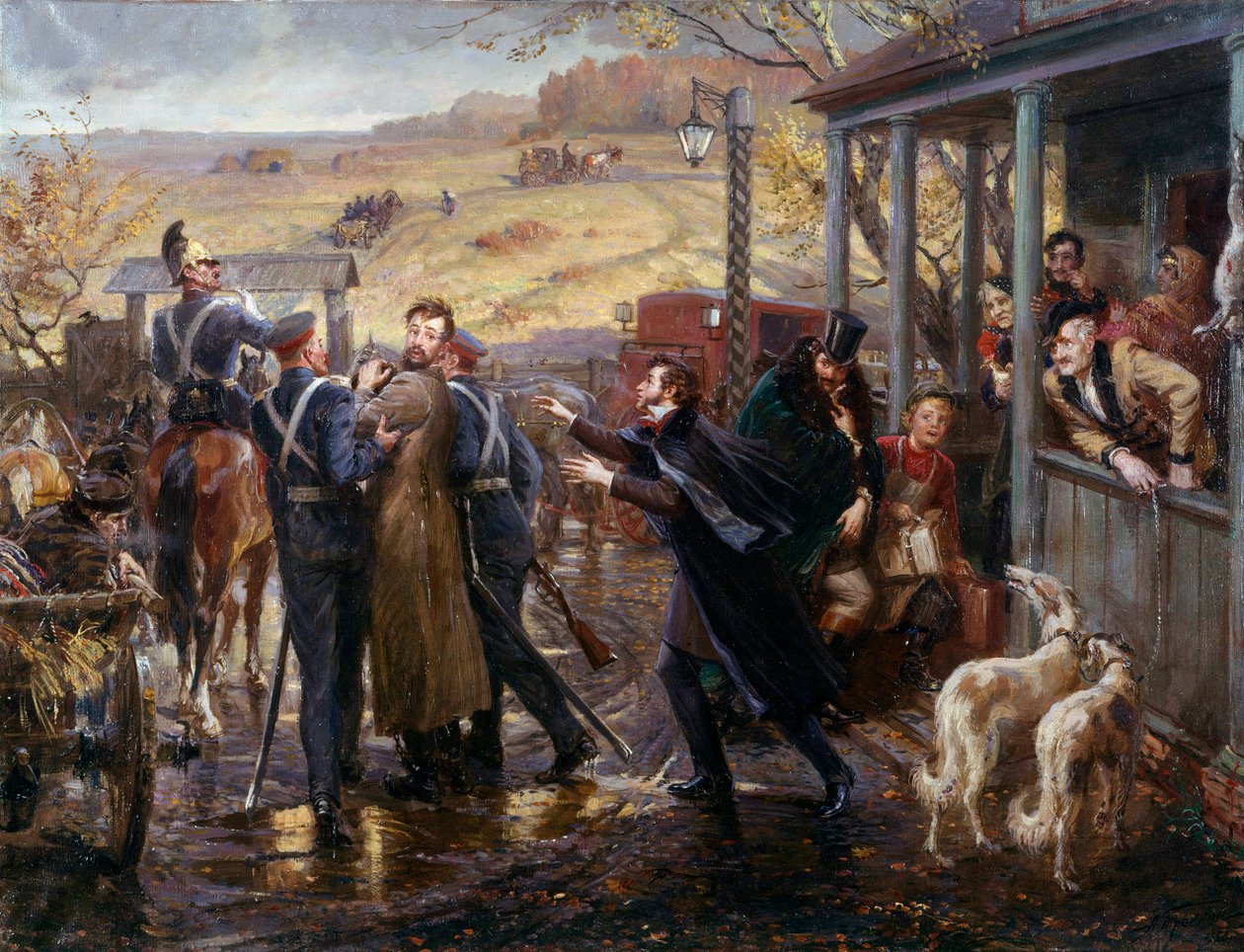Rosyjski poeta Aleksander Puszkin (Puszkin) (1799-1837) spotyka swojego przyjaciela dekabrystę Kukhelbackera, który w 1827 r. odjeżdża na dworzec kolejowy Zabaze Malarstwo szkoły rosyjskiej. XIX-wieczny Petersburg, Ermitaż autorstwa School Russian