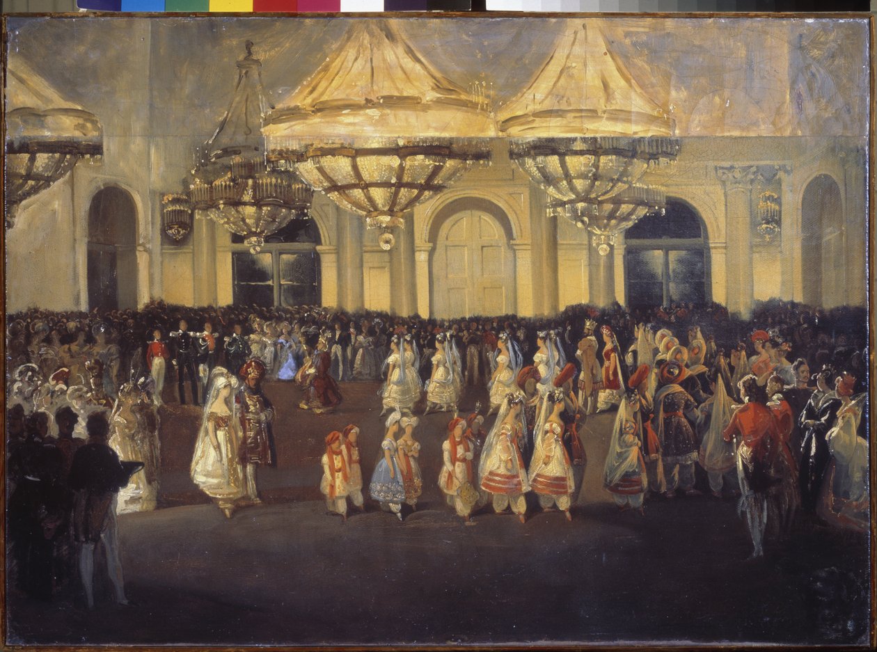 Bal w Pałacu Zimowym (Petersburg) pod Mikołajem I (1796-1855). Obraz rosyjskiego mistrza, olej na płótnie, ok. 1830 r. Sztuka rosyjska autorstwa School Russian