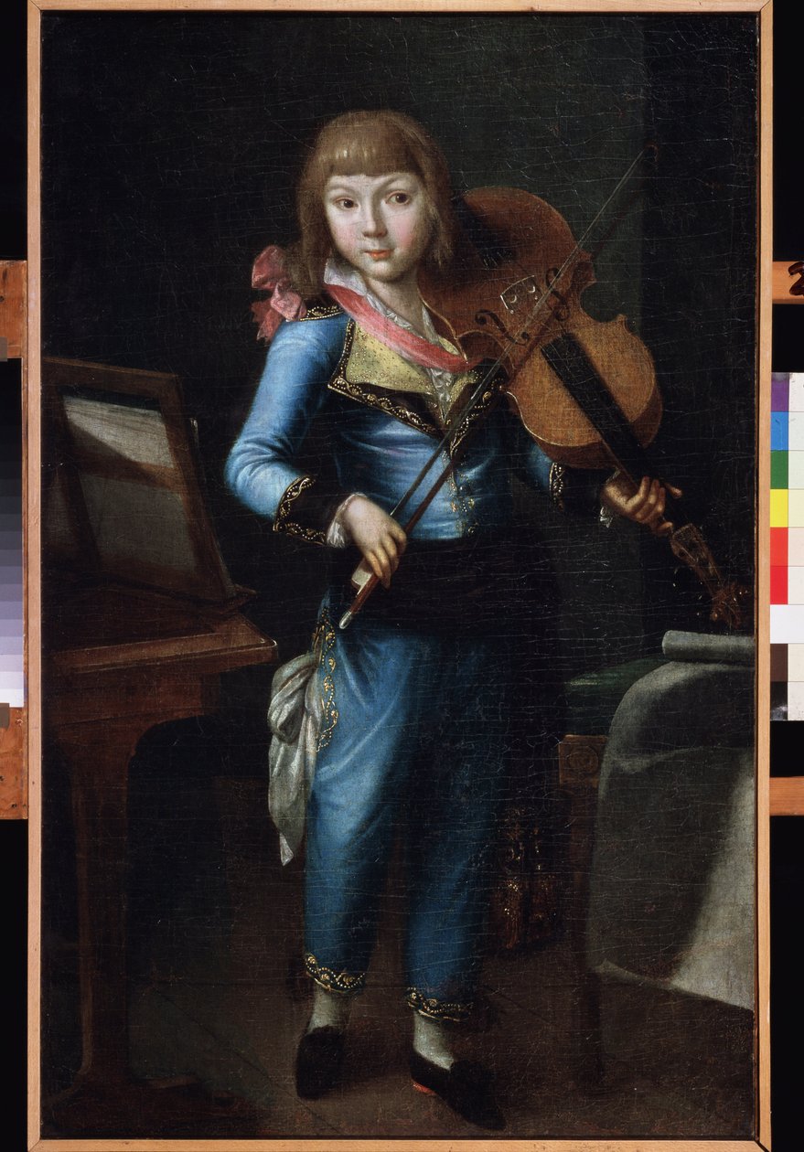 Młody skrzypek w niebieskim garniturze. Malarstwo rosyjskiego mistrza, olej na płótnie, ok. 1790. Sztuka rosyjska XVIII wieku. Muzeum Pałac Teatr Ostankino, Moskwa. autorstwa School Russian