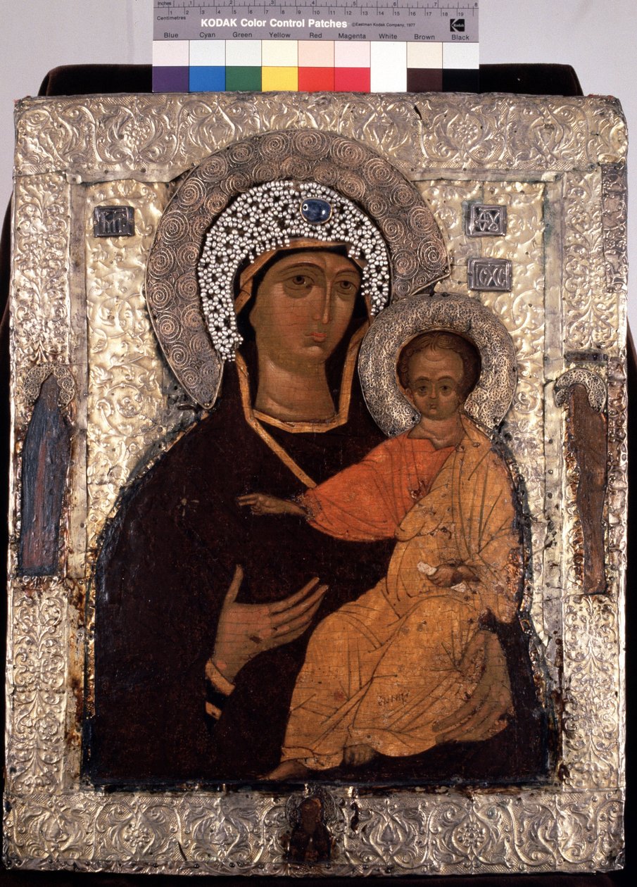 ""Vierge Hodegetria (Hodigitria) "" Icone russe. Peinture sur bois du 14eme siecle. Państwowy Skansen Ławry Trójcy św. Sergiusza, Sergyev Possad autorstwa School Russian