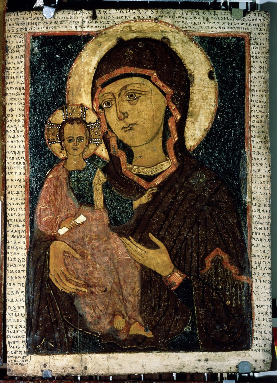 ""Virgin Hodegetria (Hodigitria)"" Dziewica Maryja i Dzieciątko Jezus, którego aureola jest naznaczona krzyżem. Ikona rosyjska. Malarstwo na drewnie z końca XIII wieku. Państwowa Galeria Tretiakowska, Moskwa autorstwa School Russian