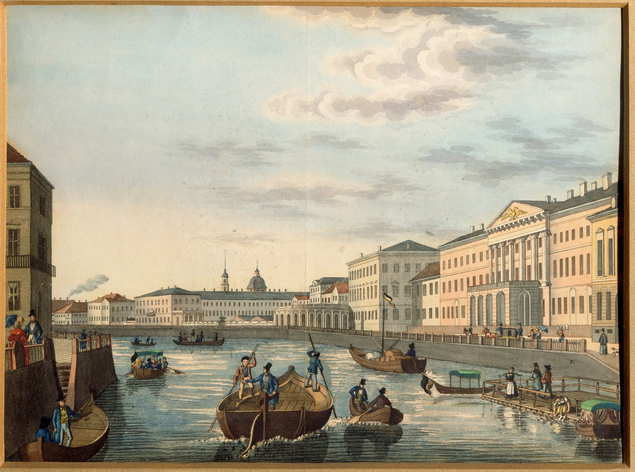 Widok na rzekę Fontanka w Sankt Petersburgu. Praca anonimowa, litografia, kolorowana akwarelą, ok. 1820 r. Sztuka rosyjska autorstwa School Russian