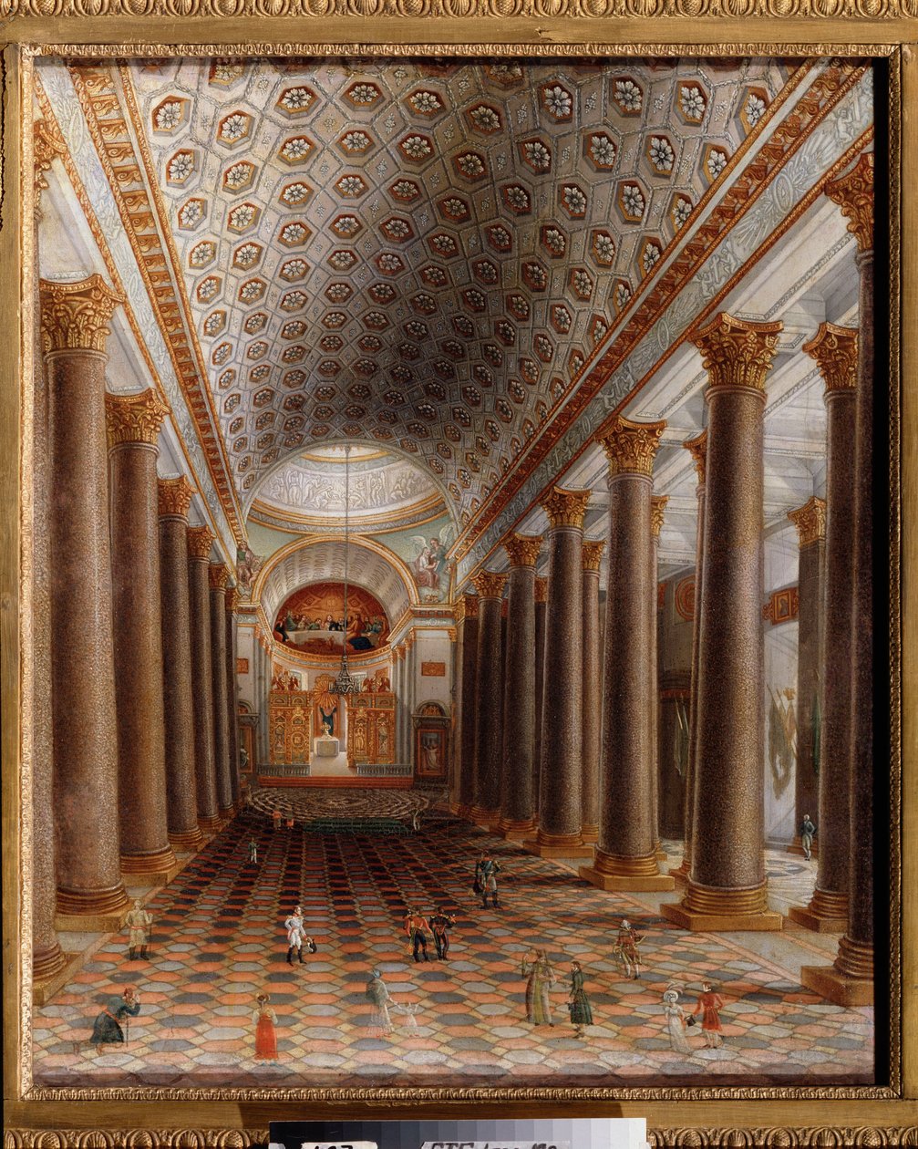 Wnętrze katedry kazańskiej w Sankt Petersburgu. Obraz rosyjskiego mistrza, olej na płótnie, pocz. XIX w. Sztuka rosyjska. Państwowa Galeria Tretiakowska, Moskwa. autorstwa School Russian
