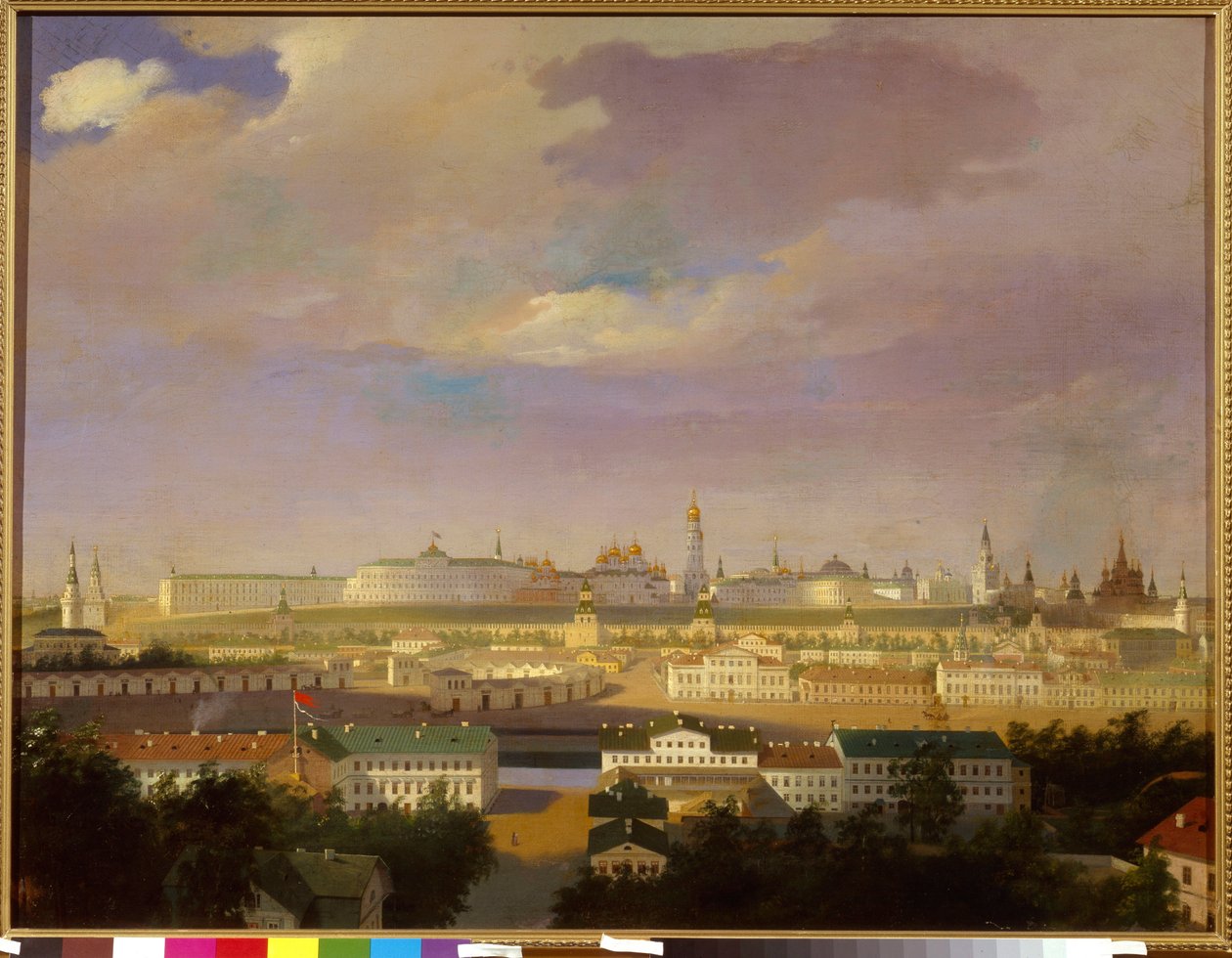 Widok na Kreml Moskiewski z Placu Marsa (Bolotnaya). Malarstwo anonimowe, olej na płótnie, połowa XIX wieku. Sztuka rosyjska, neoklasycyzm. Państwowe Muzeum Historyczne, Moskwa. autorstwa School Russian