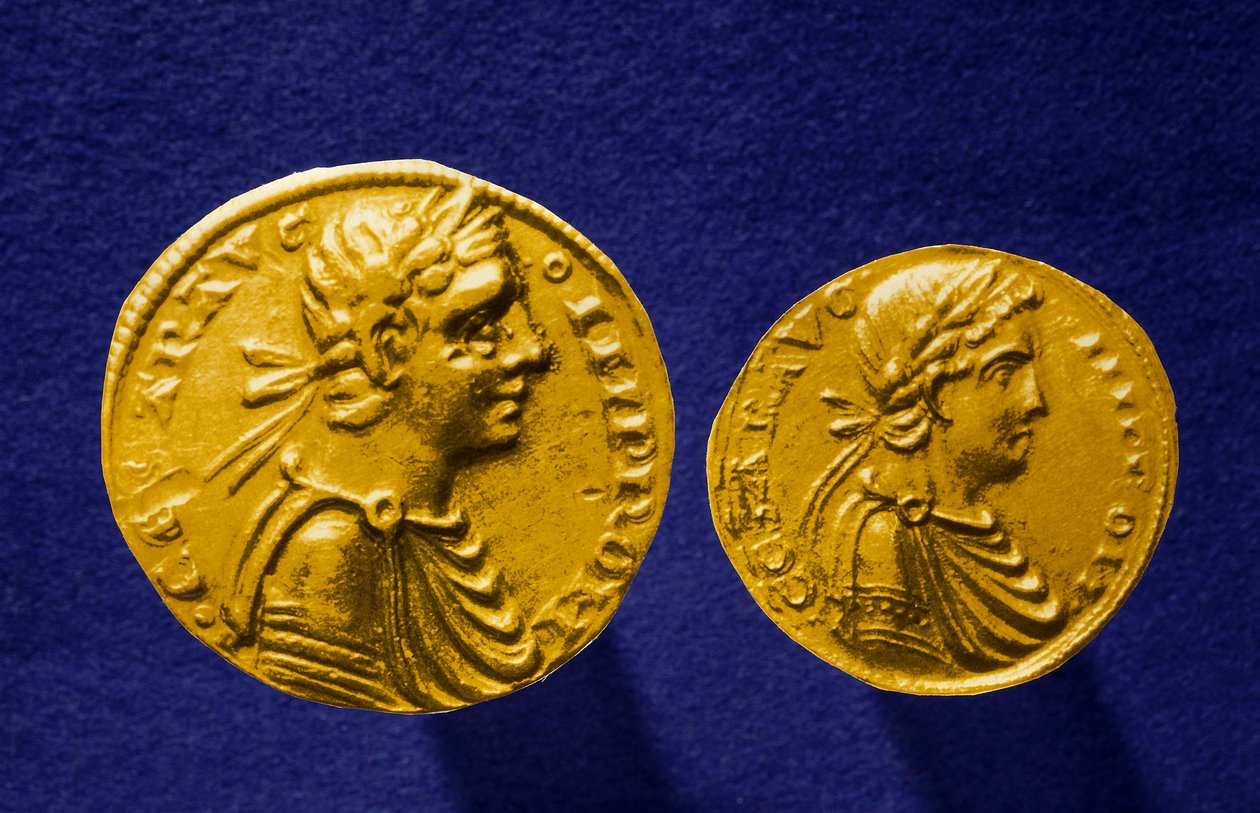 Złote monety Sycylii z wizerunkiem Fryderyka II autorstwa Hohenstaufena (1194-1250), cesarza niemieckiego. 1231 Kolekcja prywatna autorstwa School Sicilian