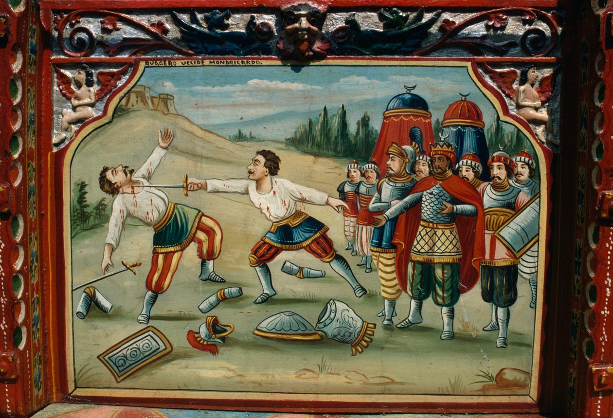 Malowany, ręcznie rzeźbiony, tradycyjny wózek sycylijski, Sycylia, Włochy, Detail autorstwa School Sicilian