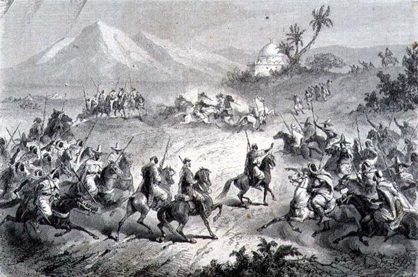 Przygoda, podróżnicy zaatakowani przez bandytów, ilustracja z „Powrotu do świata” (rycina) autorstwa School Spanish