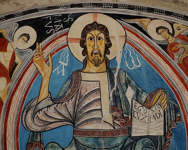 Chrystus w majestacie w otoczeniu serafinów i symboli ewangelistów, kopia oryginału z XII w. (fresk) autorstwa School Spanish