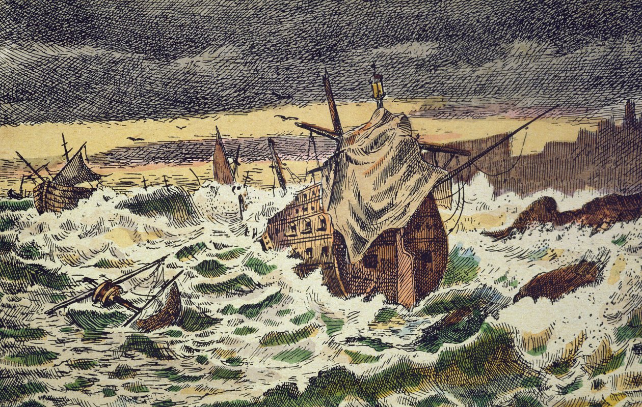 Zniszczenie przez sztormy Niezwyciężonej Armady Hiszpańskiej, wysłanej przez króla Filipa II przeciwko Anglii w 1588 r. (rycina ręcznie kolorowana) autorstwa School Spanish