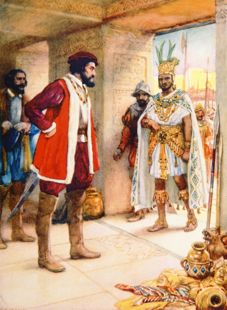 Hernan Cortes czyni Montezumę zakładnikiem w 1519 (kolor lito) autorstwa School Spanish