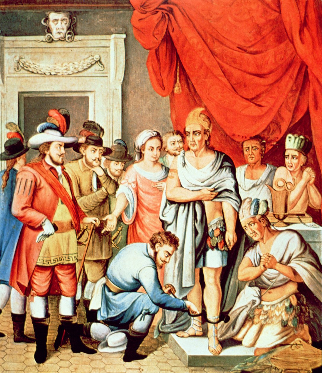 Hernan Cortes każe założyć kajdany na kostki Montezumy (kolor lito) autorstwa School Spanish