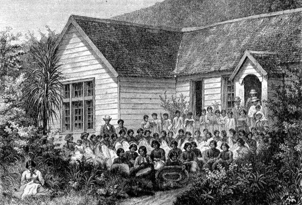 Szkoła Misyjna dla Maorysów, ilustracja z „Powrotu do świata” (rycina) autorstwa School Spanish