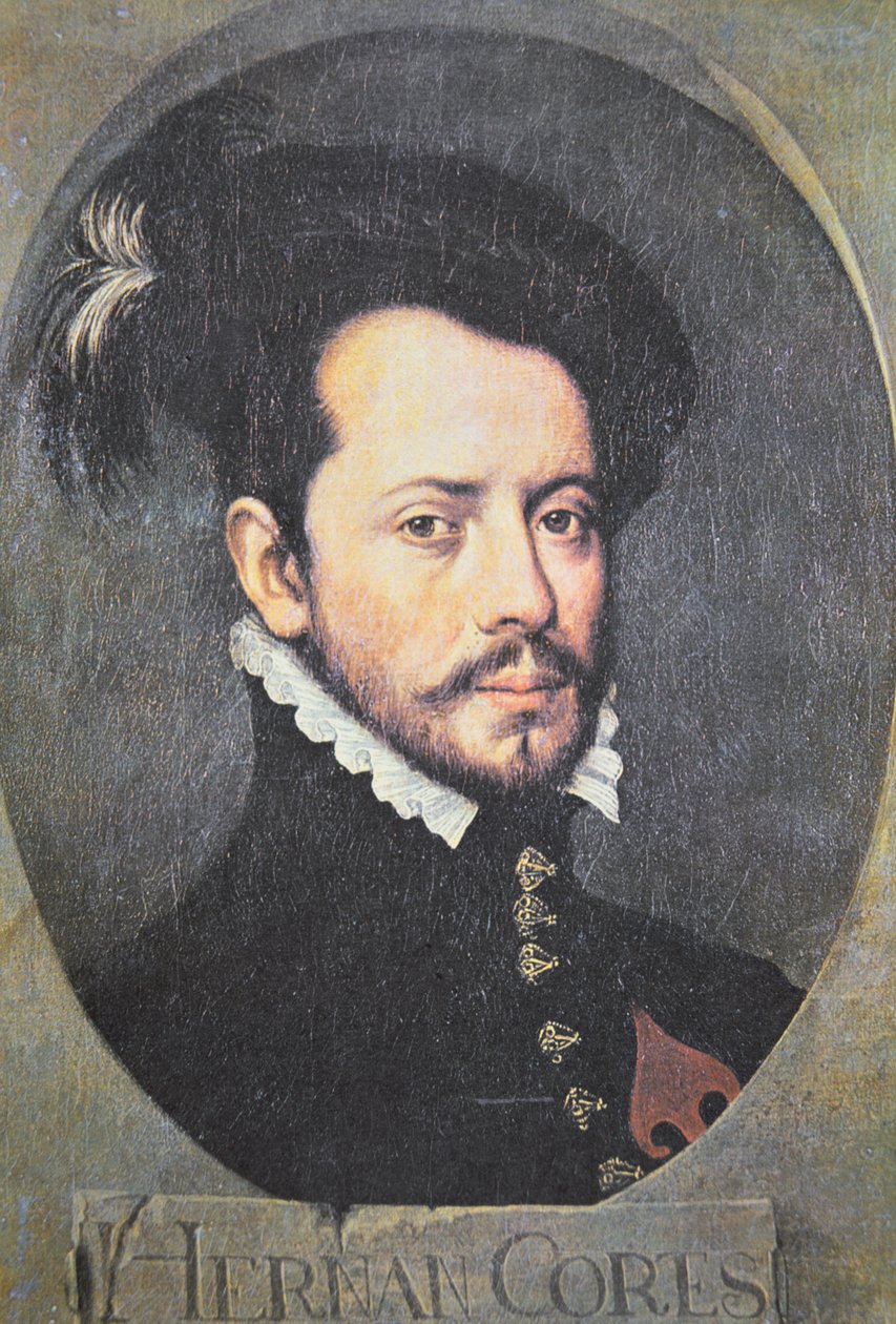 Portret Hernana Cortesa (kolor lito) autorstwa School Spanish