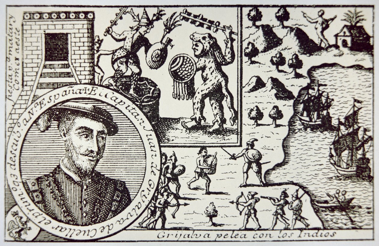 Hiszpanie pod wodzą Juana de Grijalvy lądują na Jukatanie i angażują wojowników Majów w bitwie pod Champoton, maj 1518 (litos) autorstwa School Spanish