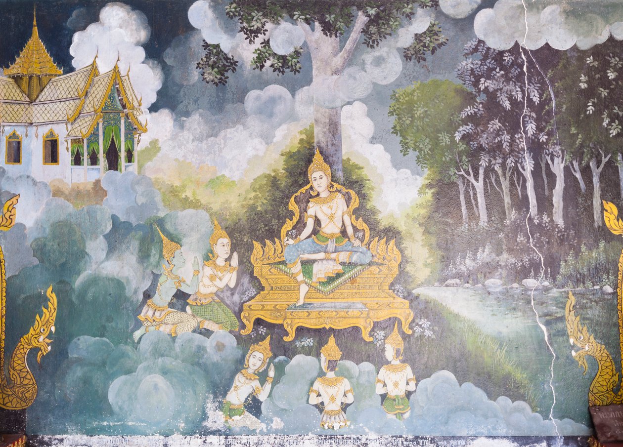 Fresk przedstawiający scenę z życia Buddy, świątynia Wat Phra That Doi Suthep autorstwa School Thai