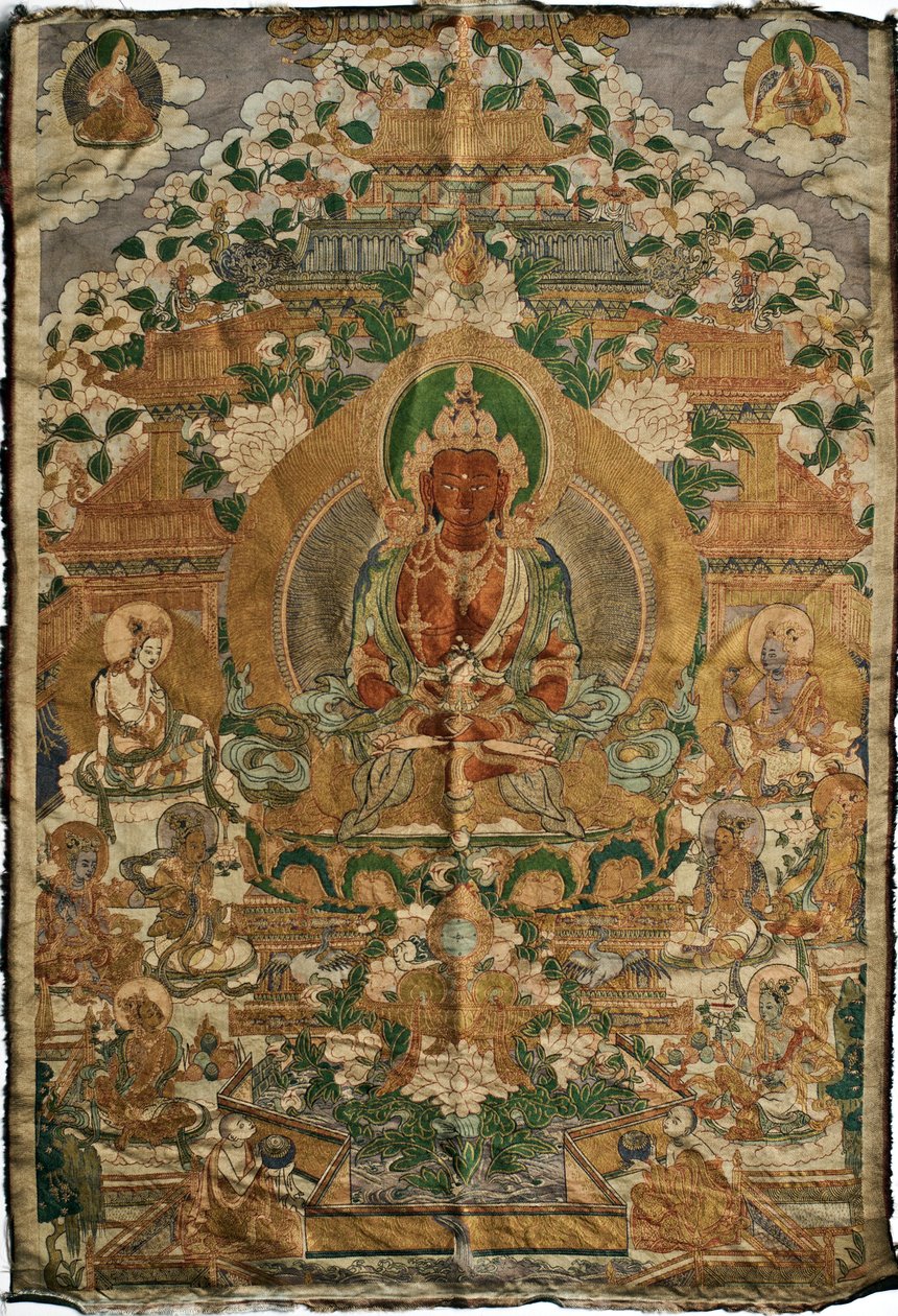 Amitabha (budda czystej ziemi) - Malarstwo tybetańskie, pigmenty i złoto na tkaninie, koniec XIX wieku, 74x51 cm - (Budda Amitayus Thangka, kultura tybetańska, Pigmenty i złoto na tkaninie, koniec XIX w.) - Kolekcja prywatna autorstwa School Tibetan