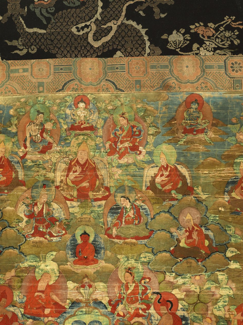 Fragment Trzeciego Panczenlamy Losan Penden Yeshe (gwasz na tkaninie) autorstwa School Tibetan