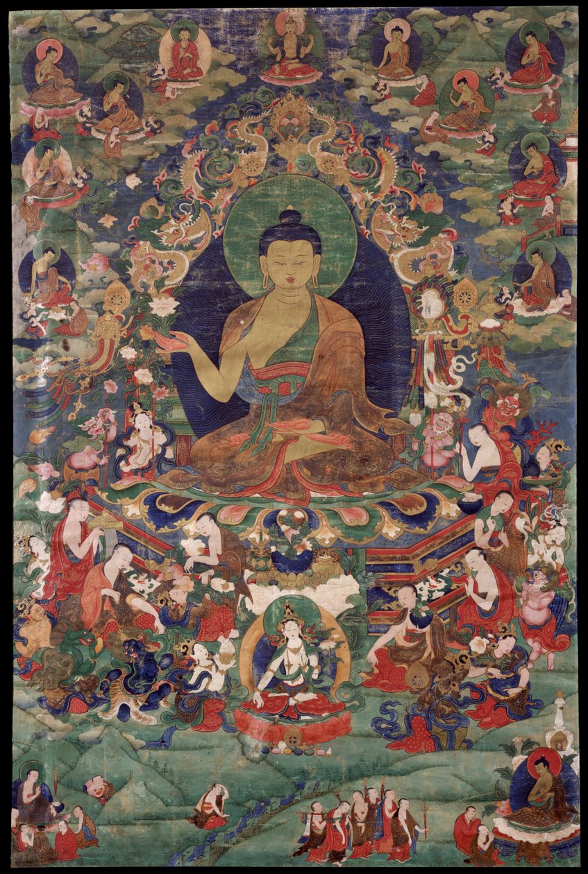 Budda Siakjamuni - Kultura tybetańska - XVIII wiek - Pigment mineralny na bawełnie - 70,5 x 47 - Rubin Museum of Art, Nowy Jork autorstwa School Tibetan