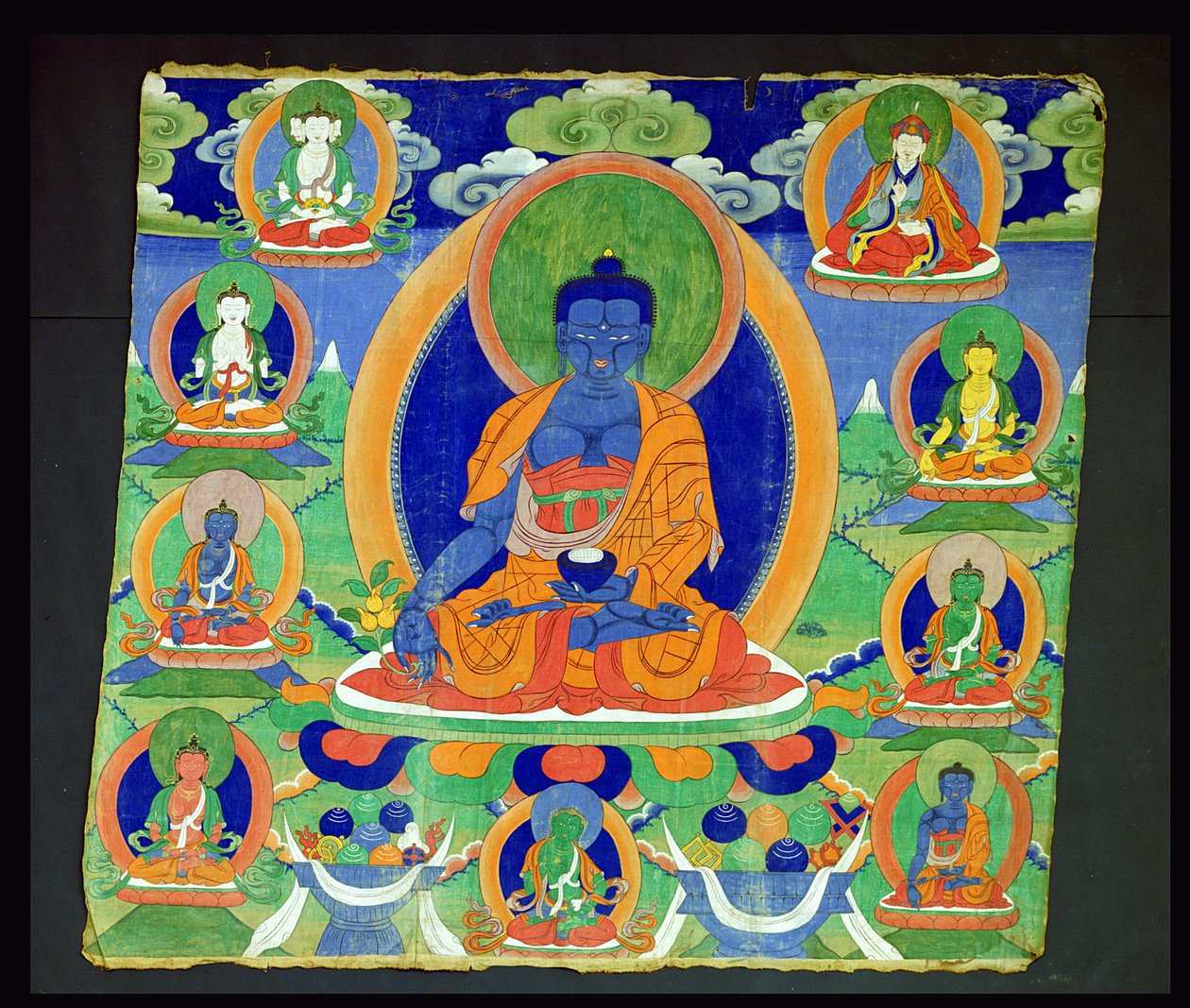 Obraz Thangka przedstawiający Buddę Medycyny, Bhaiszadźjaguru (Menla) tybetański autorstwa School Tibetan