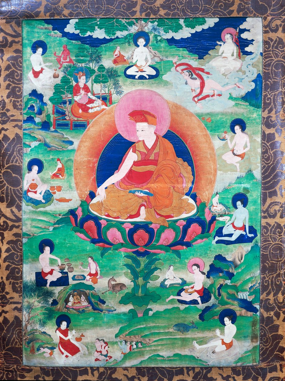 Lama Rjegrags Rtod Iha-pa-padbang Graps z aureolą i otoczony licznymi mahasiddhami (joginami), mieszkał w Indiach i Tybecie (VII-XI w.), Gwasz na płótnie autorstwa School Tibetan