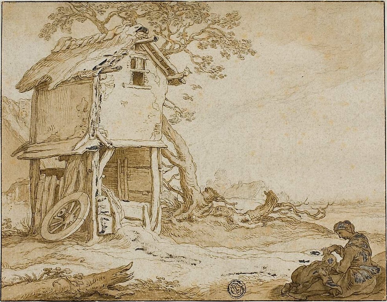 Krajobraz z Barnstable, siedzącą kobietą i dzieckiem autorstwa School of Abraham Bloemaert