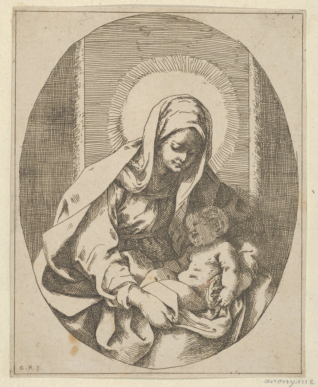 Dziewica trzymająca Dzieciątko Chrystus na kolanach, kompozycja owalna, wg Reni, 1620-50., 1620-50. autorstwa School of Guido Reni