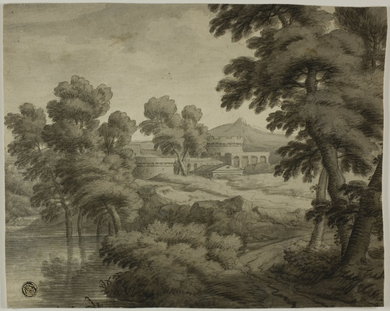 Włoski krajobraz z zamkiem, drzewami i wodą na pierwszym planie autorstwa School of Nicolas Poussin