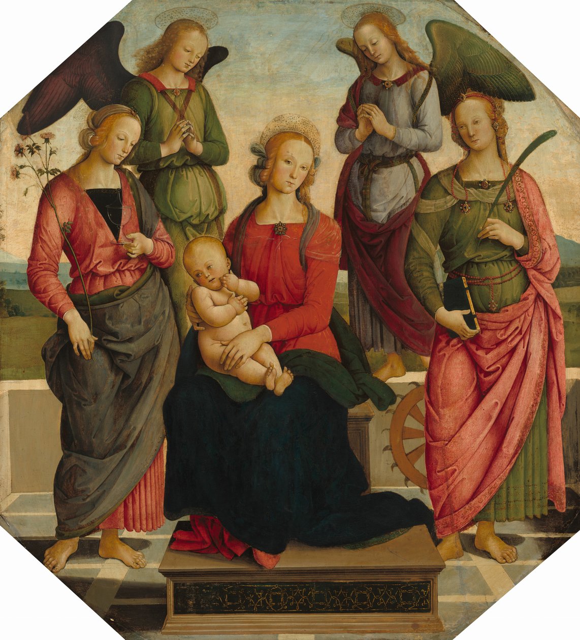 Madonna z Dzieciątkiem z dwoma aniołami, Świętą Różą i Świętą Katarzyną Aleksandryjską autorstwa School of Perugino