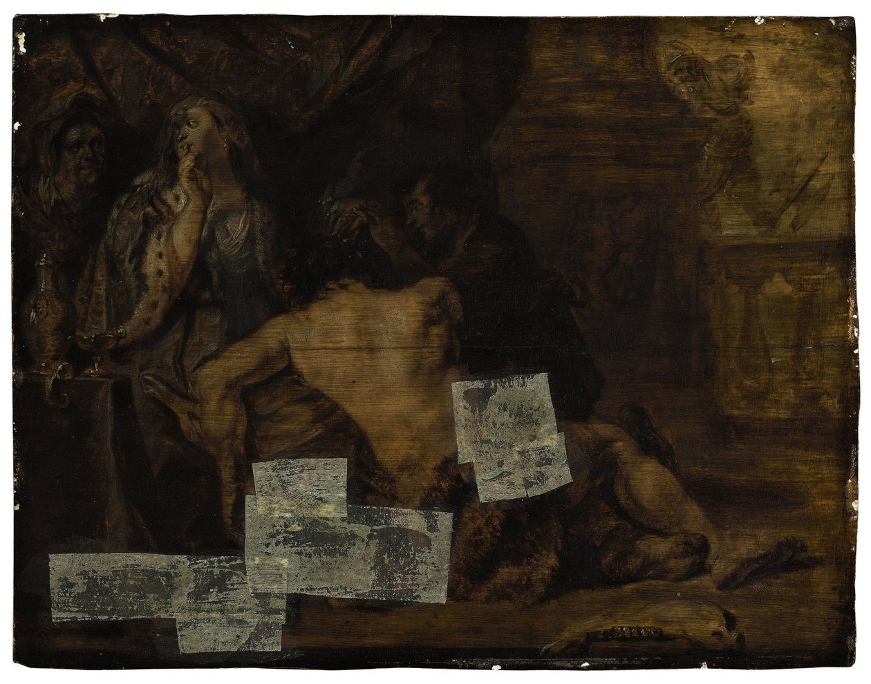 Samson śpiący na kolanach Delili zostaje pozbawiony włosów (Sdz 16:19). autorstwa School of Peter Paul Rubens